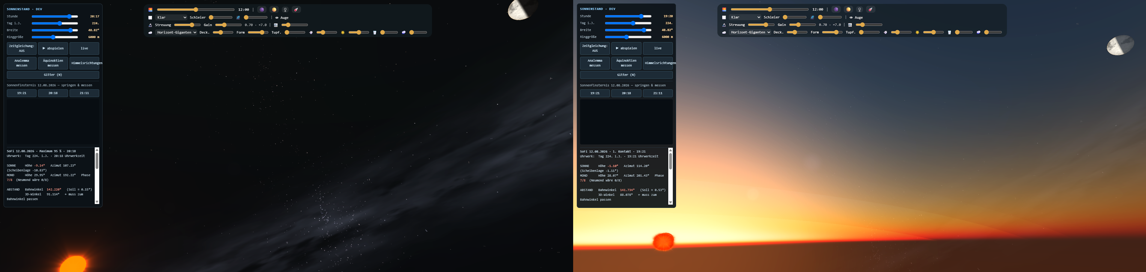 Nebeneinanderstellung der Himmelssimulation von Coastal Explorer zur Sonnenfinsternis