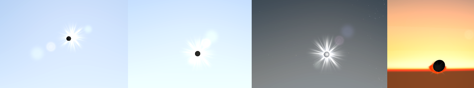 Vier verschiedene Zeitstände um die Sonnenfinsternis im August 2026 herum, simuliert im Coastal Explorer.